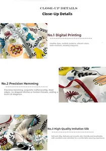 Close-up of digital printing and precision edge stitching on a silky floral scarf