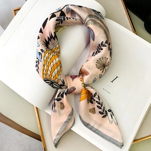 Women Artistic Print Square Scarf Elegant Faux Satin Neck Scarf Smooth Lightweight Headband Chic Illustration Pattern Shawl