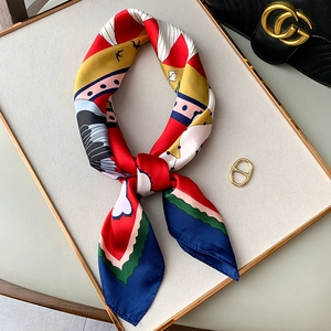 Elegant silk-like floral square scarf with artistic bird print and geometric color blocks