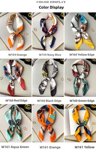 Detailed grid of satin scarves featuring equestrian chain prints and various color borders
