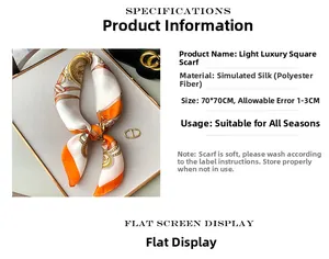 Detailed view of luxury horse chain print scarf in orange and white faux silk 70x70cm