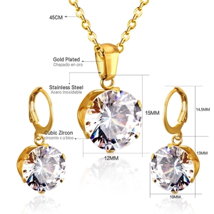 Detailed size chart for six-prong zircon necklace and earrings in gold-plated steel