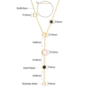 Gold plated stainless steel Y-necklace with black and pink shell round pendants