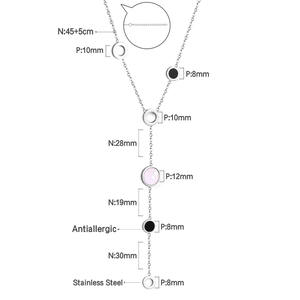 Detail of stainless steel Y-necklace showing shell discs and precise length specifications