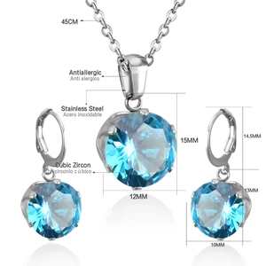Macro shot of 45cm blue cubic zirconia necklace and stud earring set dimensions