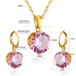 Detailed dimensions of gold plated necklace and earrings set with pink zircon stones