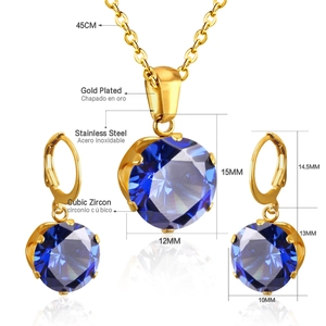 Elegant gold-plated stainless steel jewelry set with dark blue six-claw zircon stones