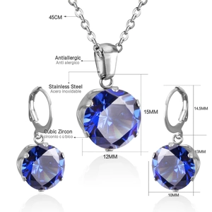 Detailed dimensions of blue cubic zirconia necklace and six-claw earring set in stainless steel