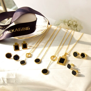 Stainless Steel Necklace And Earrings Geometric Square Round Shell Enamel Elegant Jewelry For Women