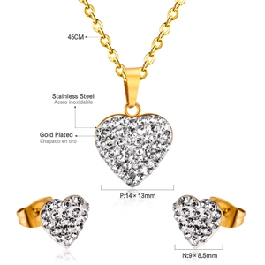 Détails de parure coeur en acier inoxydable doré avec incrustation de strass brillants