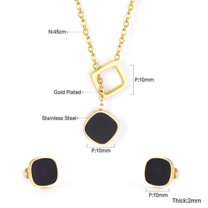 Detailed view of black square 18k gold plated stainless steel necklace and earrings set