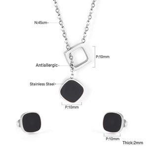 Detail of square black shell pendant necklace and earrings set with 45cm chain dimensions