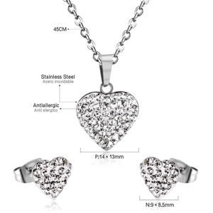 Collier Coeur Et Boucles D'oreilles Puces Acier Inoxydable Zircon Cubique Bijoux Style Doux Pour Femmes