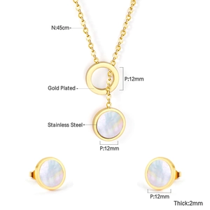 Detail of 12mm shell pendant and earrings with 45cm gold stainless steel chain dimensions