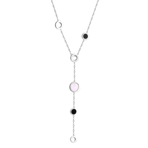 Minimalist silver Y-shaped tassel necklace with shell discs and circular pendants