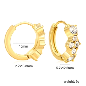 Macro view of gold stainless steel hoop earrings with cubic zirconia and dimensions
