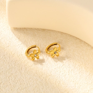 Boucles d'oreilles créoles fleurs en acier avec zircon blanc sur socle en pierre
