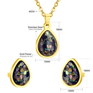 Elegant gold plated stainless steel jewelry set with teardrop black shell pendants