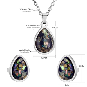 Stainless steel jewelry set with teardrop black stone pendants and earrings