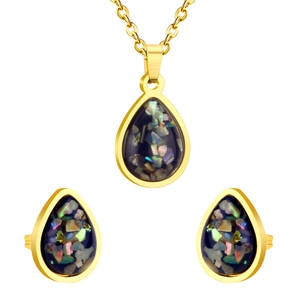Elegant gold water-drop jewelry set featuring dark iridescent inlay on white background