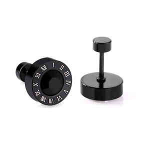 Boucles d'oreilles punk en acier noir avec chiffres romains et cristal noir brillant