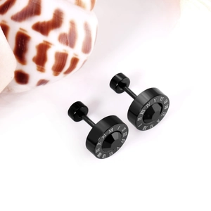 Boucles d'oreilles punk en acier noir avec chiffres romains et zircon noir brillant