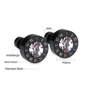 Boucles d'oreilles punk en acier noir avec zircon blanc et chiffres romains gravés