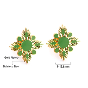 Boucles d'oreilles trèfle en acier inoxydable doré et émail vert, diamètre 16,8 mm