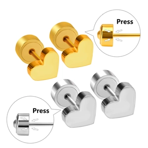 Detail of 18K stainless steel heart stud earrings with press-type safety backing mechanism