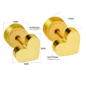 Detail of 18K gold plated heart studs with anti-allergic screw back and dimensions