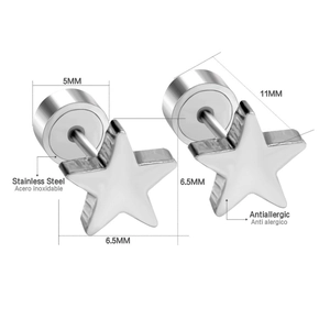 Detailed size chart for antiallergic stainless steel star stud earrings with measurements