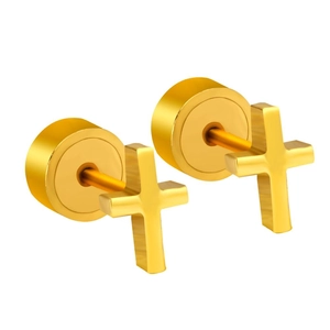 Detail of 18K gold-plated stainless steel cross stud earrings with secure round backs