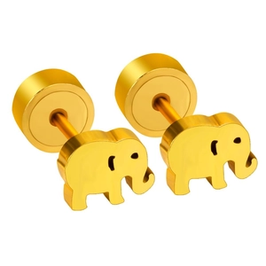 Detailed view of 18K gold plated elephant stud earrings with secure screw back closure