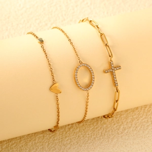 Stainless Steel Bracelet For Women 18K Gold Plated Dainty Chain With Cubic Zirconia Cross Heart Oval Charm Adjustable