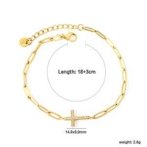 Gold stainless steel paperclip bracelet with a sparkling zircon cross pendant for women