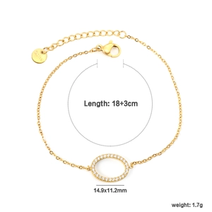 Detail of gold stainless steel bracelet with 18+3cm length and paved zircon pendant