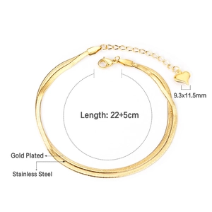 Double-layer gold plated stainless steel snake chain anklet with a heart charm pendant