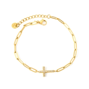 Gold stainless steel paperclip bracelet with zircon cross pendant and lobster clasp