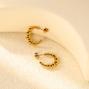 Polished 18K gold plated stainless steel C-shaped beaded hoop earrings for women