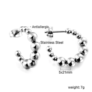 Detailed view of 5x21mm antiallergic stainless steel C-shaped beaded stud earrings