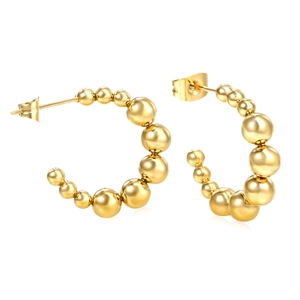 Polished 18K gold plated stainless steel C-shaped earrings with graduated metal beads