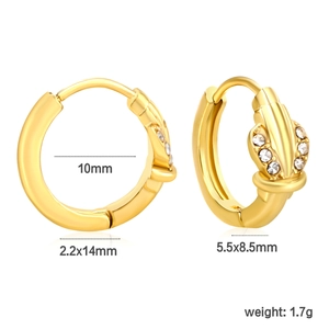 Macro view of 18k gold plated snake hoop earrings with zircon stones and dimensions