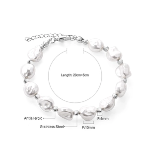 Detail of baroque pearl bracelet with stainless steel beads and size specifications