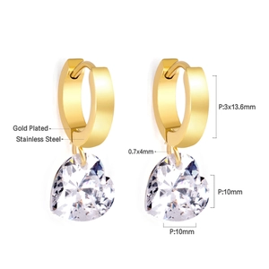 Elegant gold plated stainless steel heart dangle earrings with clear faceted crystals