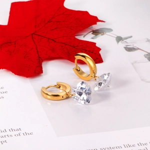 Stainless Steel Heart Pendant Hoop Earrings Gold Plated Cubic Zirconia Antiallergic Delicate Fashion Jewelry For Women
