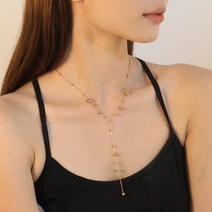 Collier en Y en acier inoxydable plaqué or 18 carats avec perles rondes polies pour femme