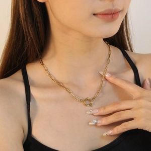 18K gold plated stainless steel paperclip chain necklace with large round spring clasp