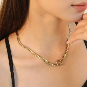 18K gold plated stainless steel curb chain necklace with oversized spring clasp closure