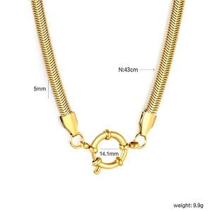 Close-up of 18K gold plated 5mm snake chain necklace with detailed dimensions and spring clasp