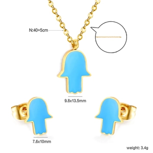Parure main de Fatma émail bleu avec dimensions précises du collier et des boucles